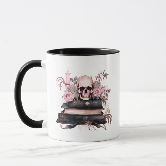 Mug Livres crâniens Halloween Rose rose et gris (Gauche)
