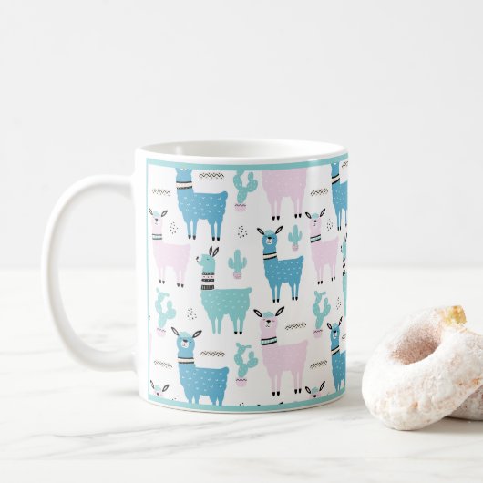 Mug Llama Alapaca animal bleu rose Animaux vert Trim (Avec donut)