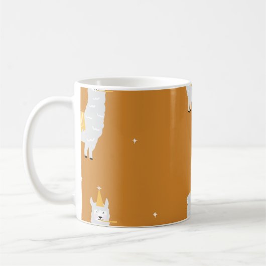 Mug Llama, arrière - plan orange : motif d'anniversair (Gauche)
