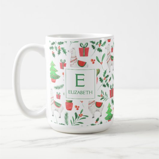 Mug Llamas de Noël, Cactus, Berries, Arbres Monogramme (Gauche)
