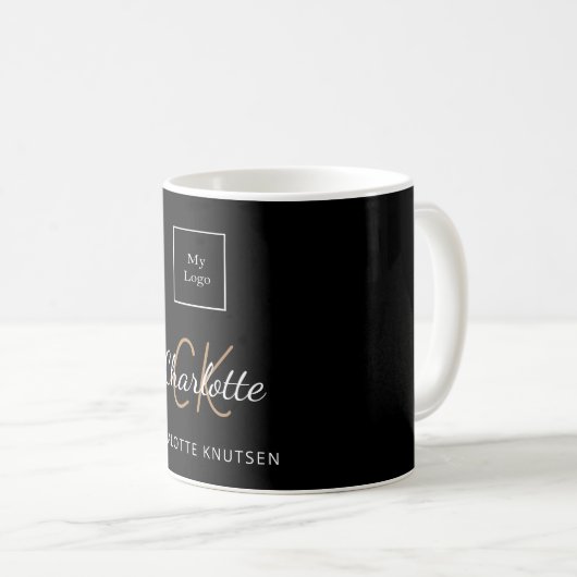 Mug Logo entreprise or noir monogramme initiales scrip (Devant droit)