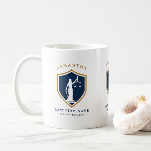 Mug Logo Gold Blue Lady Justice Texte personnalisé (Avec donut)