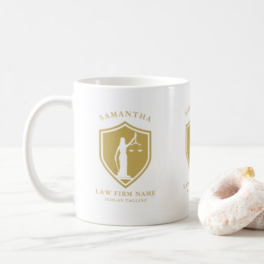 Mug Logo Gold Lady Justice Texte personnalisé (Avec donut)