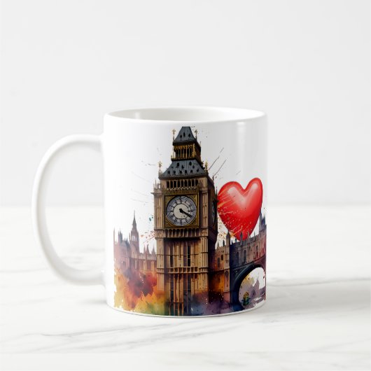 Mug London Watercolor scène Red Hearts arrière - plan. (Gauche)