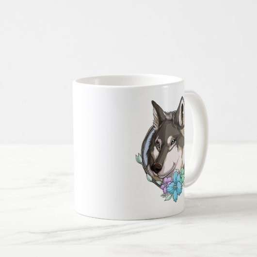 Mug Loup gris et fleurs illustrées (Devant droit)