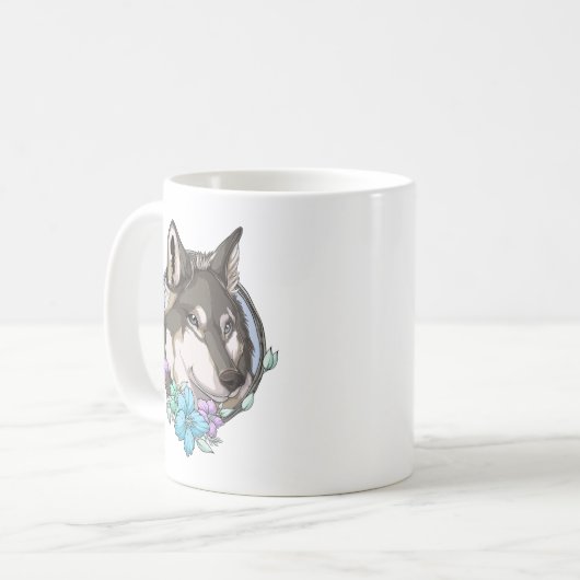 Mug Loup gris et fleurs illustrées (Devant gauche)