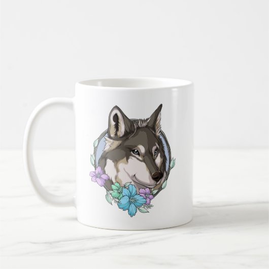 Mug Loup gris et fleurs illustrées (Gauche)