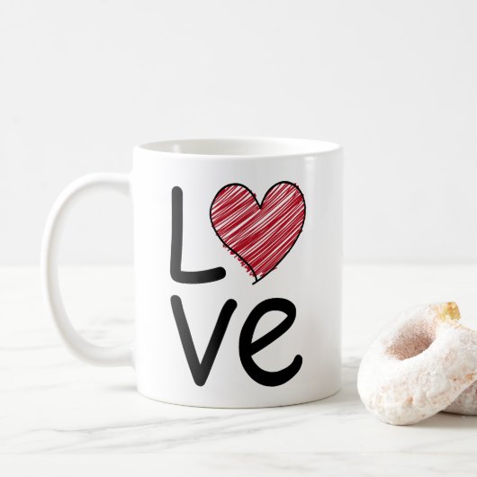 Mug Love Scribbled Hand Drawn Red Heart Minimalist (Avec donut)