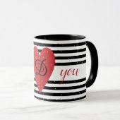Mug Love You Modern Red Heart Stripes monogramme (Devant droit)