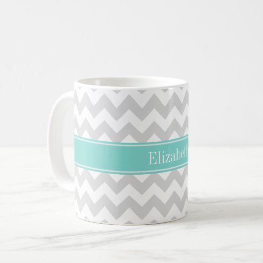 Mug Lt Gris Chevron Blanc Aqua Turquoise Monogramme No (Devant gauche)