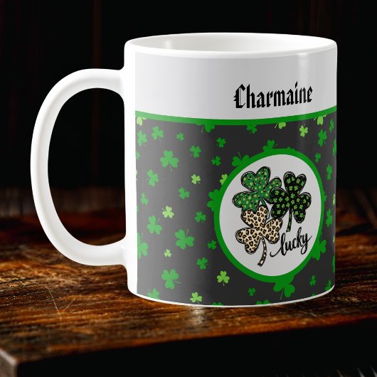 Mug Lucky St Patrick Shamrock Green Black Cat Print  