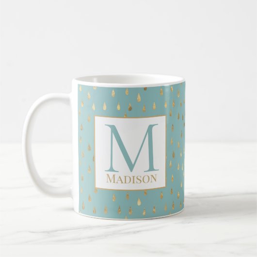 Mug Lumière Vert Or Raindrop Moderne Monogramme tendan (Gauche)