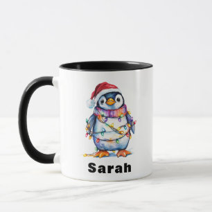Mug Lumières de Noël de pingouin personnalisées Nom pe