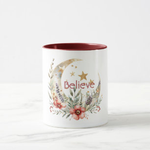 Mug Lune Étoiles Fleurs Rouges Or