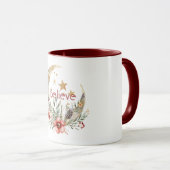 Mug Lune Étoiles Fleurs Rouges Or (Devant droit)
