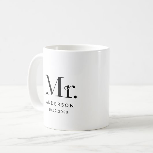 Mug Luxe Elegance | Noir et blanc M. Mariage Date (Devant gauche)