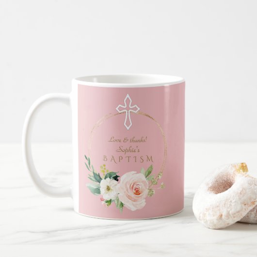 Mug Luxe rose Blush Floral Blanc Croix Baptême (Avec donut)