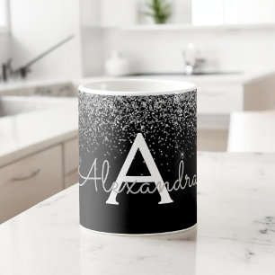 Mug Luxueuse Glitter Monogramme Nom Argent Noir