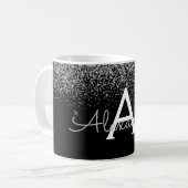 Mug Luxueuse Glitter Monogramme Nom Argent Noir (Devant gauche)