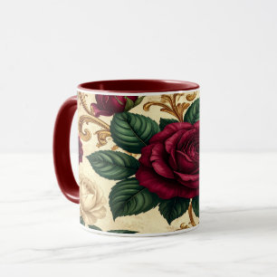 Mug Luxury Baroque Roses Design - Burgundy Cream Flowe