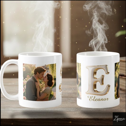 Mug Luxury Cursive Gold White Initial  E + 2 PHOTO
