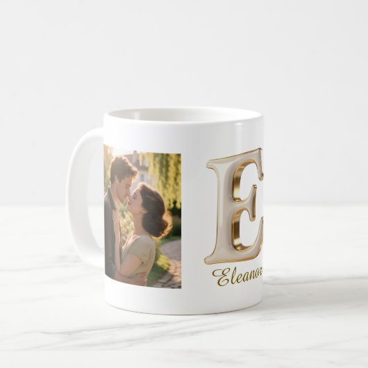 Mug Luxury Cursive Gold White Initial  E + 2 PHOTO (Devant gauche)