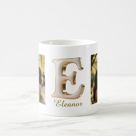 Mug Luxury Cursive Gold White Initial  E + 2 PHOTO (Centre)