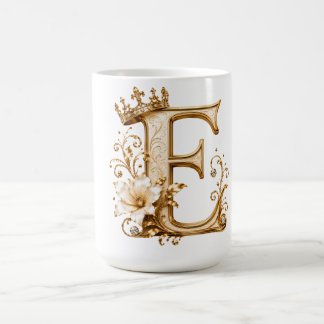 Mug Luxury Gold Letter E Monogram with Crown & Lily Fl