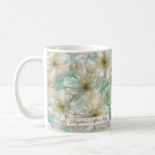 Mug Luxury Jasmine Golden Sage Green Floral Script  (Gauche)