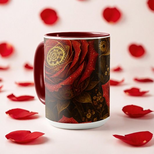Mug Luxury Steampunk Roses Romantic Gold Gears