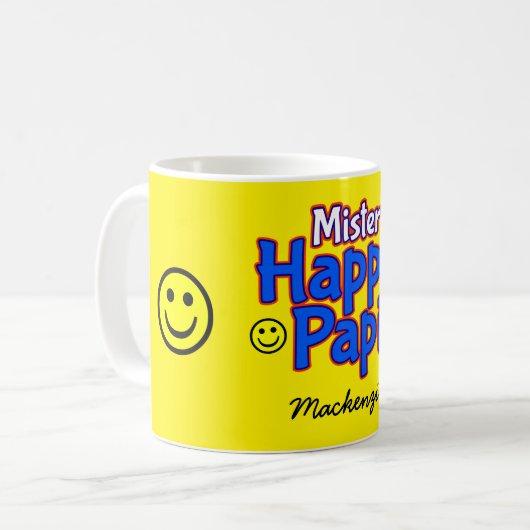 Mug M. Happy Papi avec Smile Emojis et nom sur YELLOW (Devant gauche)