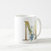 Mug M, initiale dorée avec feuillage floral bleu (Devant droit)