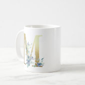Mug M, initiale dorée avec feuillage floral bleu (Devant gauche)