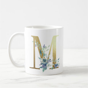 Mug M, initiale dorée avec feuillage floral bleu