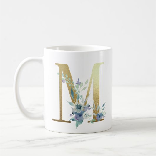 Mug M, initiale dorée avec feuillage floral bleu (Gauche)