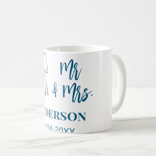 Mug M & Mme ajouter nom date mariage faveur noeud bleu (Devant droit)