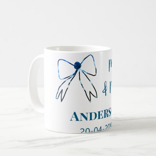 Mug M & Mme ajouter nom date mariage faveur noeud bleu (Devant gauche)
