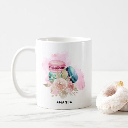 Mug Macarons et fleurs colorés Aquarelle (Avec donut)