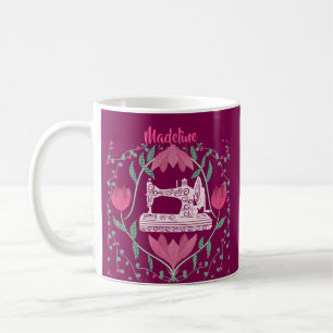 Mug Machine à coudre vintage & motif floral fuchsia