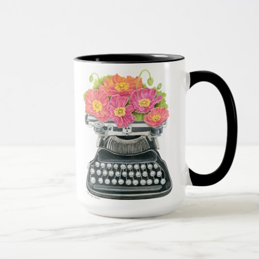Mug Machine à écrire ancienne avec des pavots heureux  (Droite)