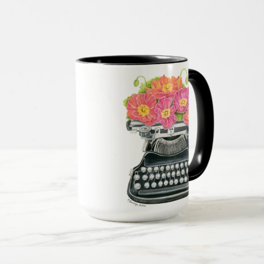 Mug Machine à écrire ancienne avec des pavots heureux  (Devant droit)
