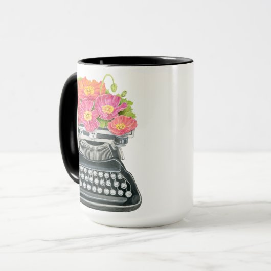 Mug Machine à écrire ancienne avec des pavots heureux  (Devant gauche)