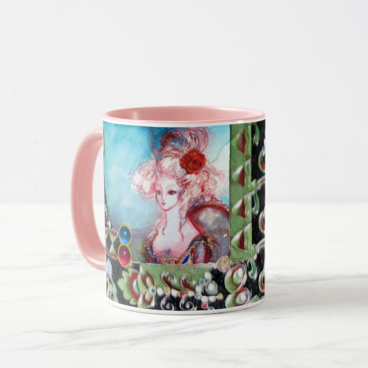 MUG MADAME POMPADOUR, JEUX DE STONES ROSES BLEU VERT N (Devant gauche)
