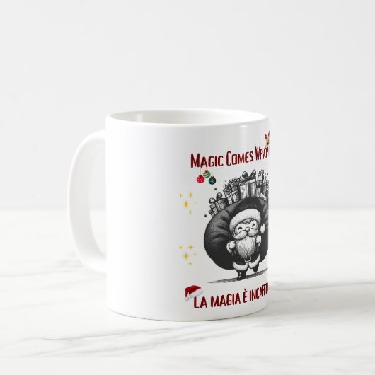 Mug Magic Comes Wrapped – Bilingual Christmas Design (Devant gauche)