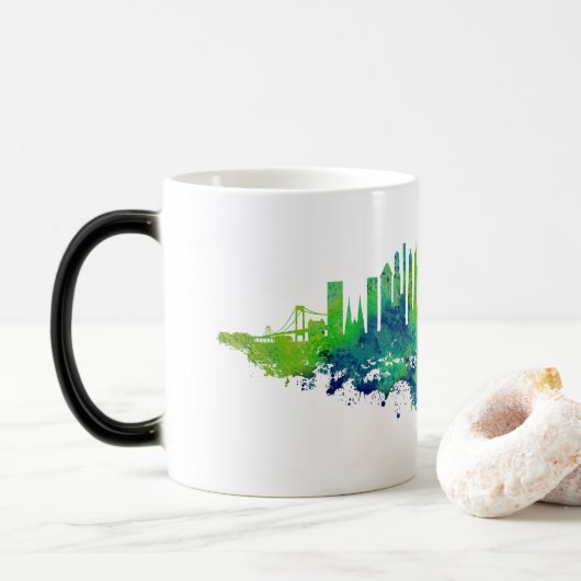 Mug Magique Aquarelle Skyline de New York en bleu et en citron (Avec donut)