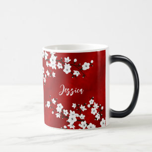 Mug Magique Asie Floral Blanc Cerisier Fleur Rouge Monogramme