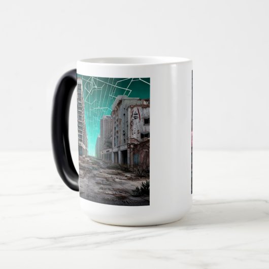 Mug Magique Bâtiments urbains abandonnés Dystopian Ciels Turqu (Devant gauche)