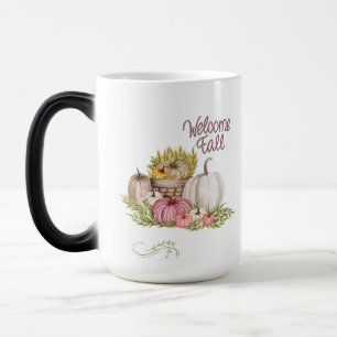 Mug Magique Bienvenue Automne rose blanc Citrouilles Automne