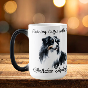 Mug Magique Black moderne sur café blanc Australian Shepherd