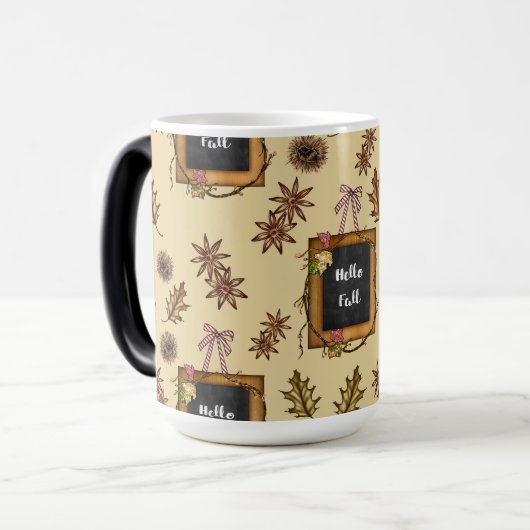 Mug Magique Bonjour automne avec les feuilles d'automne (Devant gauche)